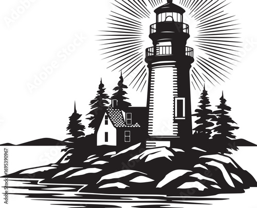 Guiding Light Silhouette: A detailed silhouette of a lighthouse, stands tall on a rocky island, beaconing a sense of security and hope against the expanse of a tranquil sea.