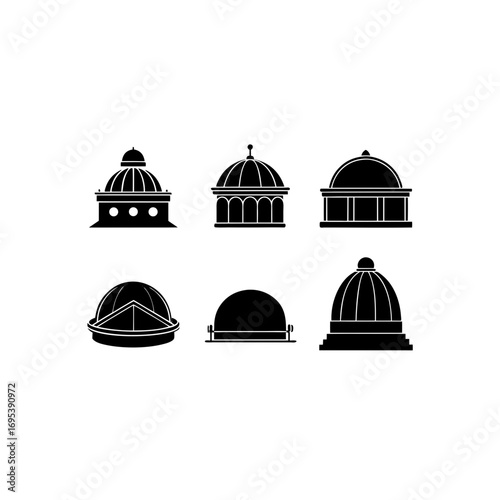 6 different observatory dome silhouette vector icons