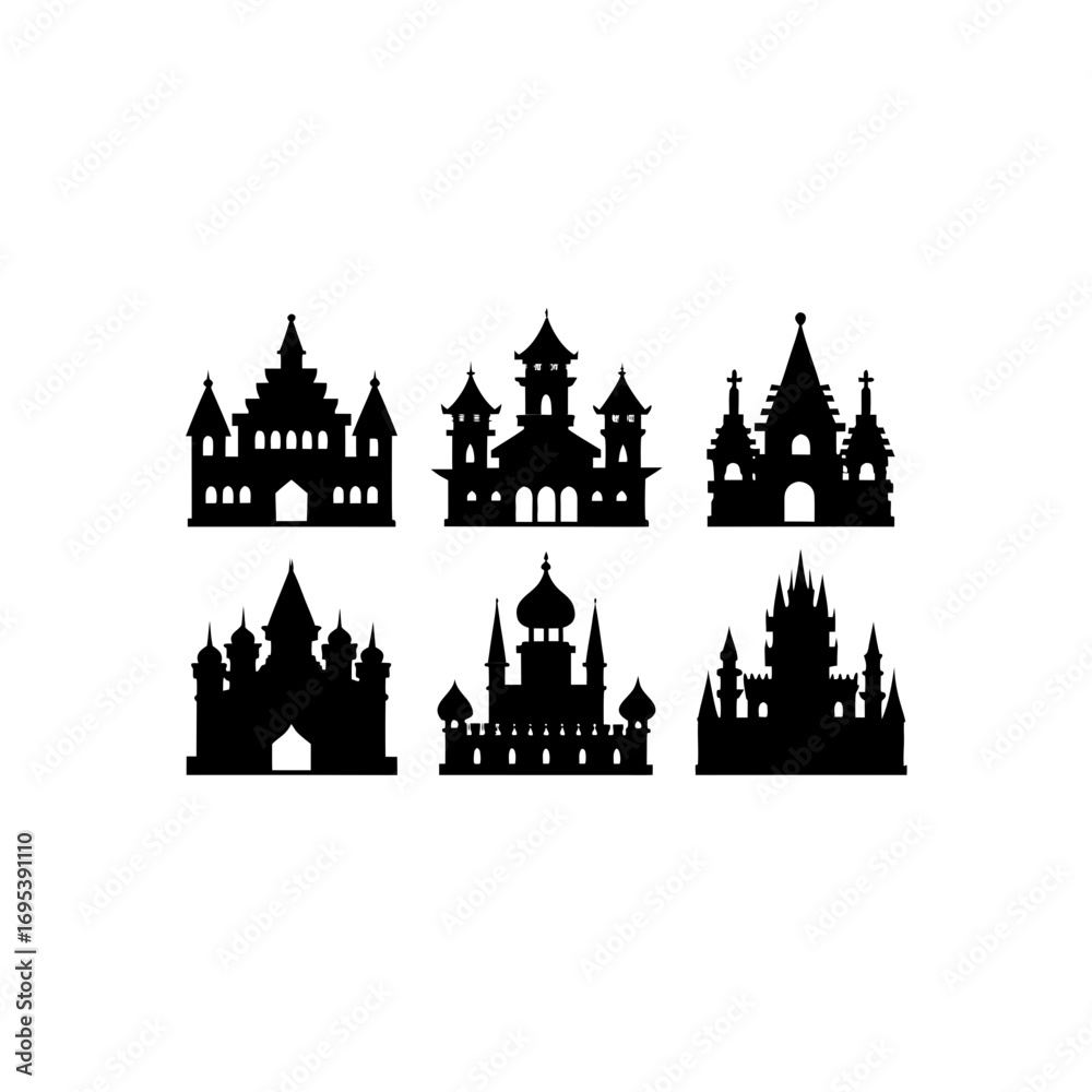 Fototapeta premium 6 different palace silhouette vector icons set