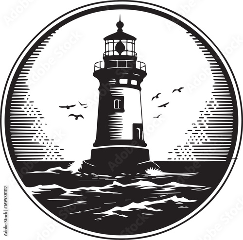 Beacon of Guidance: A classic, minimalist illustration of a lighthouse stands tall amidst a turbulent sea, guiding the way with its unwavering light. 