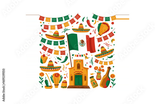 Vibrant illustration of Mexican culture and traditions featuring iconic symbols and festive decorations