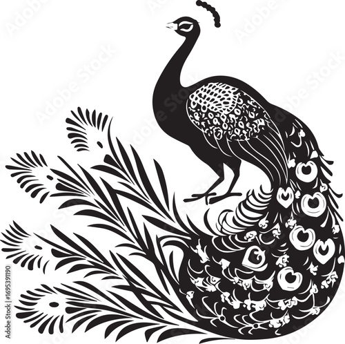 Wallpaper Mural Majestic Peacock Silhouette: An elegant, black and white graphic illustration of a peacock displaying its ornate, fanned tail, a symbol of beauty and grace. Torontodigital.ca