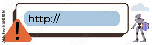 Web address bar with warning triangle, emphasized error message. Robot holding shield symbolizes cybersecurity, protection. Ideal for internet connectivity, online safety, digital warnings, risk