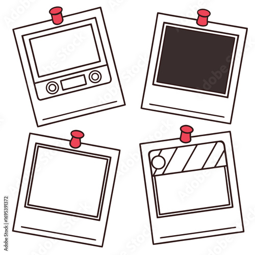 Four polaroid style frames pinned with red push pins displaying different images and designs on white
