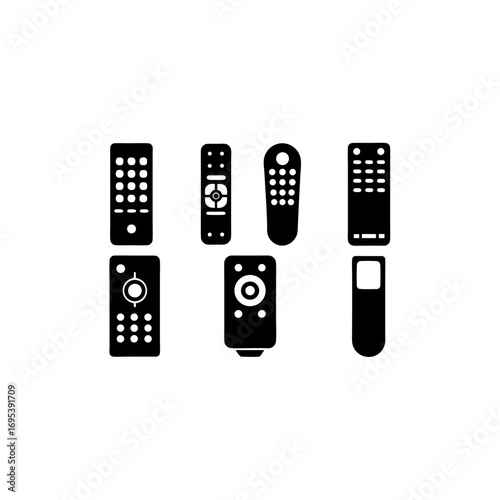 7 different remote control silhouette vector icons