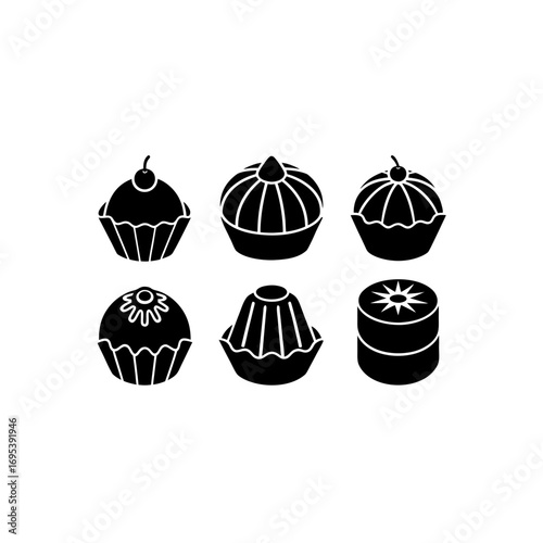 6 different rum baba silhouette vector icons set