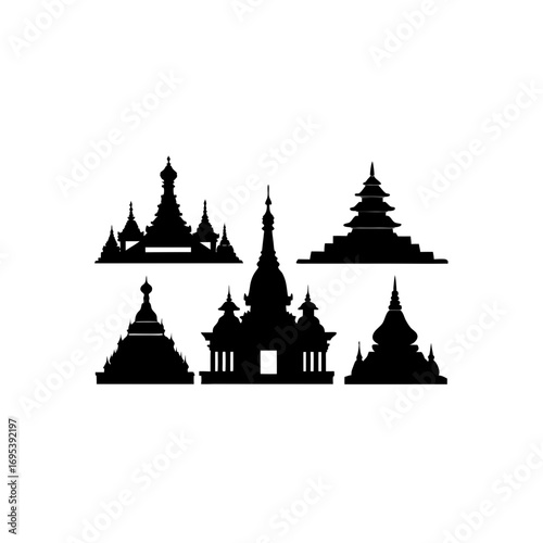 6 different shwedagon pagoda silhouette vector icons