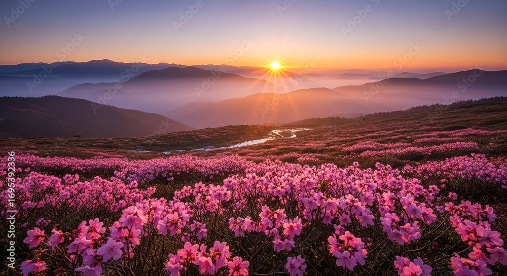 Fototapeta premium Mountain Meadow Bursting with Pink Rhododendrons at Sunrise, Mis