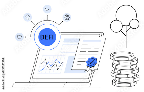 Laptop displaying analytics, DEFI network links, certified document, coin stacks, and abstract tree. Ideal for fintech, blockchain, financial tools, investment banking analytics and concepts of
