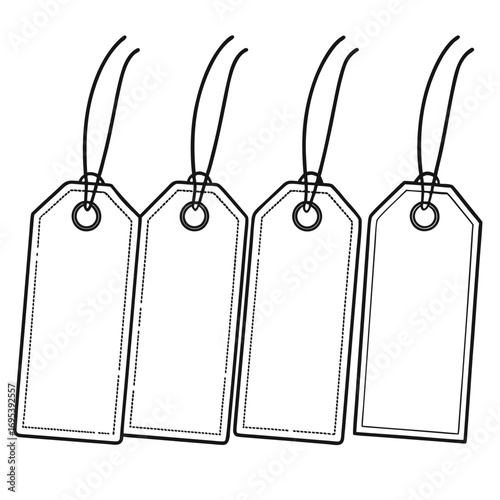 Four blank price tags hanging with strings in a row ready for labeling and pricing items for sale