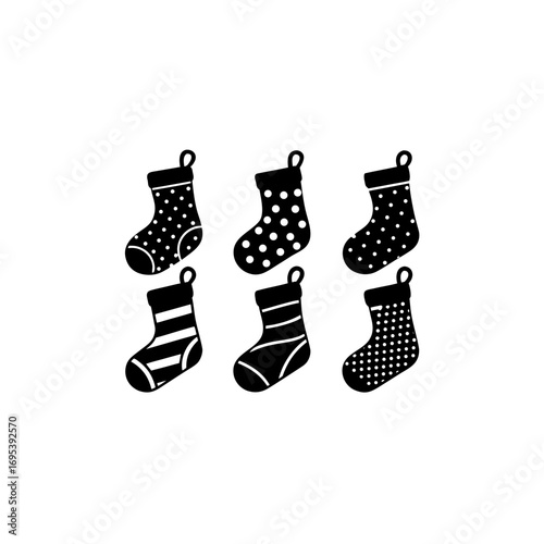 6 different stocking ornament silhouette vector icons
