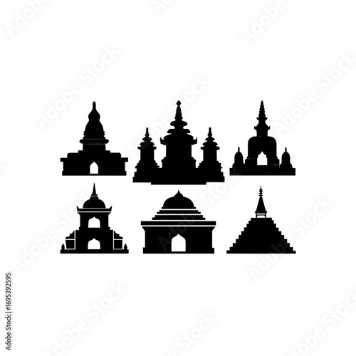 6 different stupa silhouette vector icons set