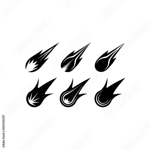6 different stylized comet ornament silhouette vector