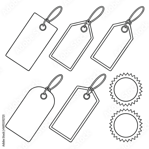 Illustration of five blank price tags and two circular burst shapes in black and white outline