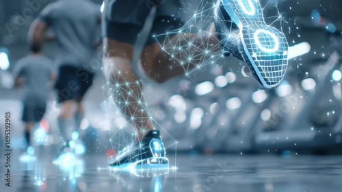 A runner in futuristic shoes with a digital effect, showcasing movement in a gym environment.