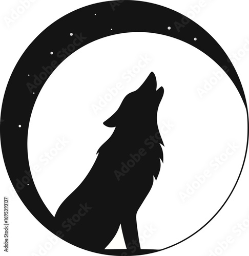 Silhouette of a wolf howling at a crescent moon with stars a classic nocturnal scene symbolizing wildness and the night