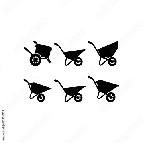 6 different wheelbarrow silhouette vector icons set