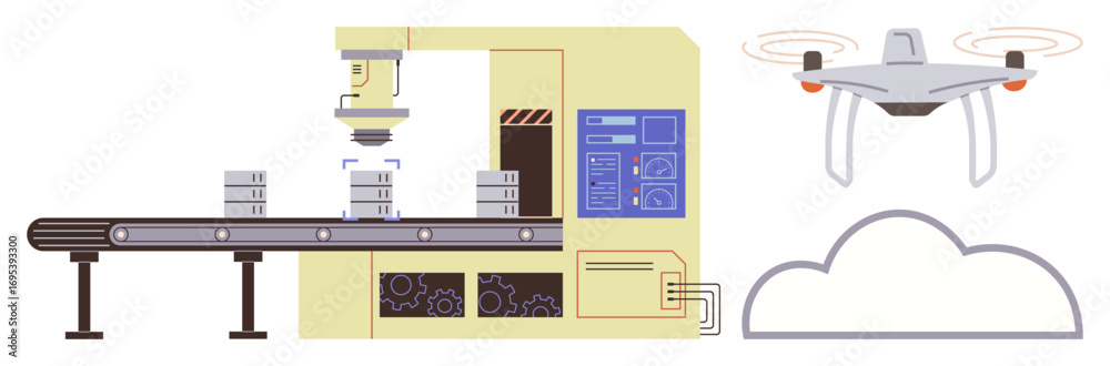 Fototapeta premium Factory conveyor moves objects under robotic arm for processing. Connected to cloud and Quadcopter system. Ideal for technology, automation, innovation, logistics, production, AI future. Simple flat