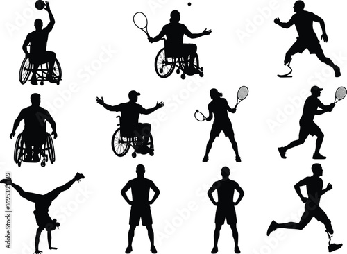 Silhouettes of Disabled and Able-Bodied Athletes, Wheelchair Tennis, Amputee Running, Inclusive Sports Action, Adaptive Fitness, Isolated on White