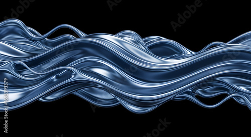 Abstract Blue Metallic Waves Flowing Seamlessly Over Black Background