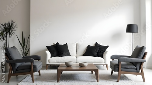 Modern living room showcases elegant sofa and armchairs for a comfortable and stylish home interior