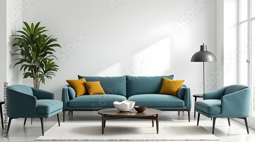 Modern living room design with cozy blue sofa, armchairs, and bright light for stylish home decor