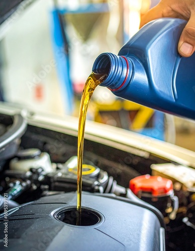 A close-up shot of a mechanic’s hand refueling and pouring golden engine oil into a car motor. 