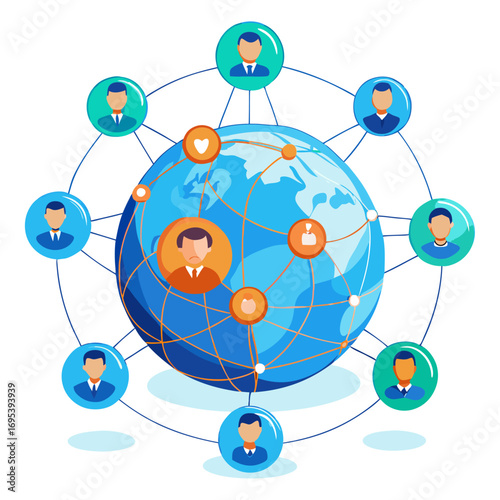 Flat-style illustration of a blue globe with an interconnected social network of people icons, symbolizing global communication, connection, networking, or worldwide team.