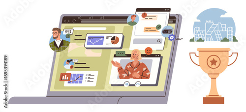 Laptop screen displaying video calls, charts, and messages alongside trophy and cityscape. Ideal for teamwork, remote work, communication, success, achievement business and digital strategy. Simple
