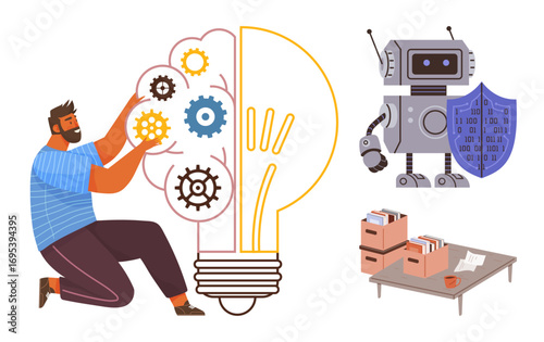 Man assembling gears in lightbulb representing innovation. Robot with shield for AI and cybersecurity. Desk with files symbolizes organization and management. Ideal for innovation, creativity