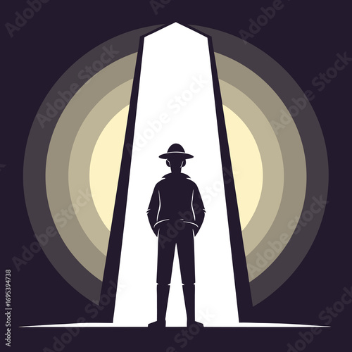 Silhouette of a person standing in a bright beam of light against a circular layered background evoking mystery and discovery