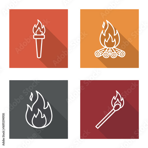 Adobe Illustrator Artwork Four icons of fire related objects on square backgrounds.
