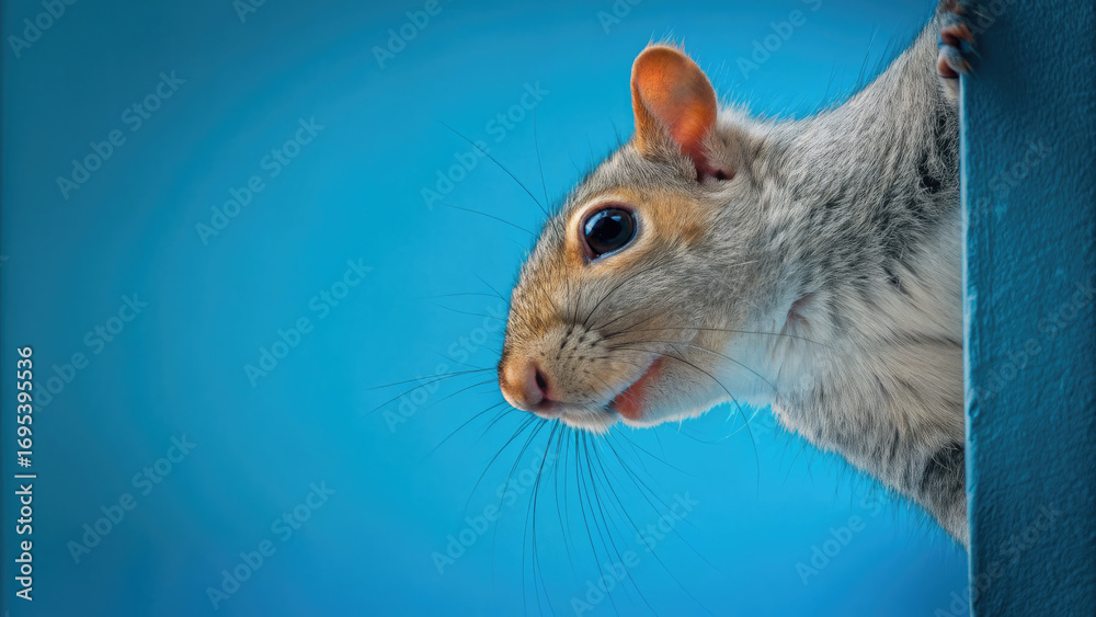 Fototapeta premium Surprised squirrel cautiously peeks around corner concept. Close-up of a curious squirrel peeking from behind a wall.