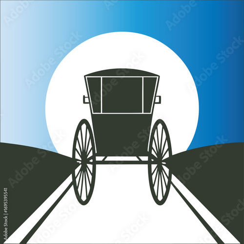Vintage horse drawn carriage silhouetted against a large full moon on a country road at dusk
