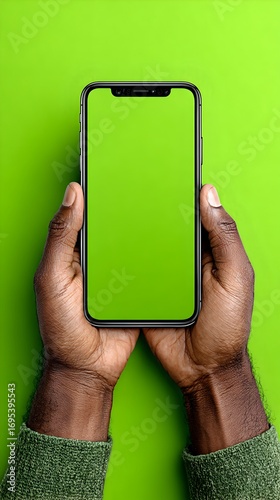 Dark skinned hands hold a smartphone with a blank green screen against a bright green colored background