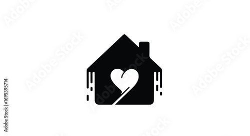Abstract black house silhouette with melting drips and a white heart inside, symbolizing home and love.