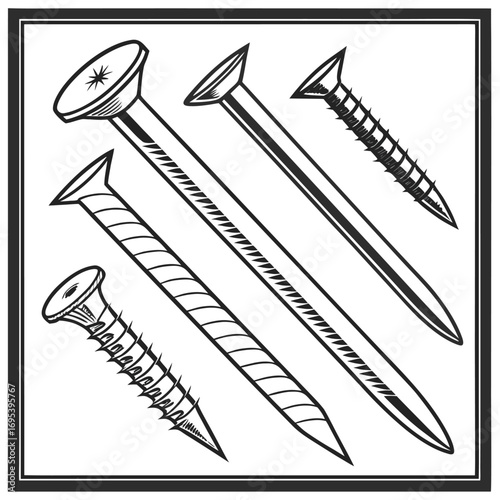 Illustration of an assortment of nails and screws in a square frame with white background and black lines