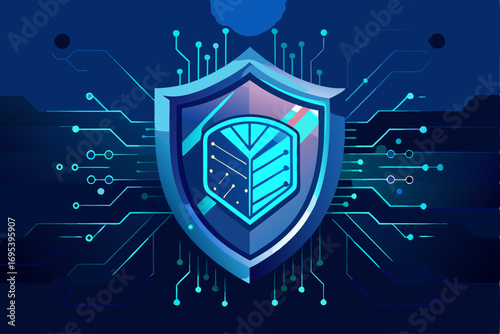 Digital illustration of a glowing blue security shield with a geometric circuit pattern on a dark, circuit-board background. Symbolizes cybersecurity, network defense, or data protection.