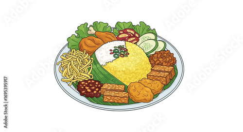 Delicious and colorful Indonesian Nasi Kuning rice dish, a vibrant culinary delight often served with various side dishes like fried chicken, tempeh, and vegetables