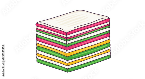 A stack of colorful, layered candies or desserts with a white top layer, presented in a simple, clean illustration style for a sweet, delightful treat concept