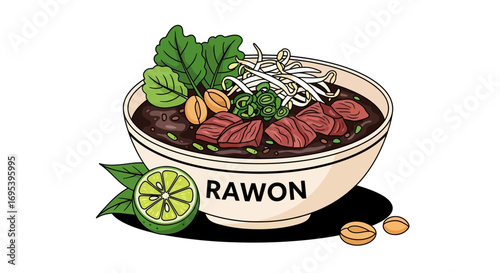 A flavorful bowl of Indonesian beef soup known as Rawon, garnished with fresh bean sprouts, sliced lime, and leafy greens, showcasing a rich, dark broth
