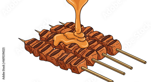An appetizing illustration of grilled meat skewers being generously drizzled with a rich, creamy sauce, capturing the essence of a delicious and satisfying meal