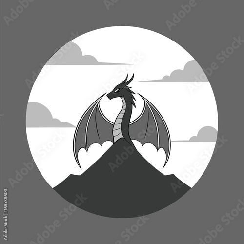 Majestic black dragon perched atop a mountain peak under a cloudy sky in a circular emblematic design