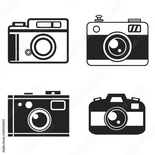 Four vintage style cameras in black and white with different designs and lens configurations shown here
