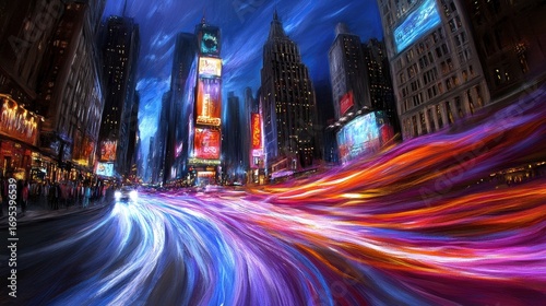 Vibrant Night Scene of Times Square with Colorful Light Trails