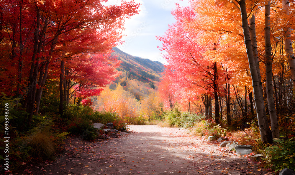 Obraz premium Enchanting Autumn Forest Path with Vibrant Red Maple Trees and Sunlit Trail Through Misty Mountain Wilderness. generative aI