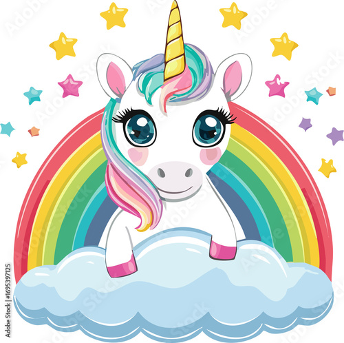 A magical and shy cartoon baby unicorn peeking from behind a sparkling, rainbow-colored cloud, with big, starry, expressive eyes and a small, iridescent horn, a simple and enchanting design.