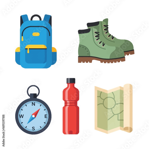 A collection of essential hiking and camping gear icons. Flat vector illustration set includes a backpack, boots, compass, water bottle, and map for outdoor adventures