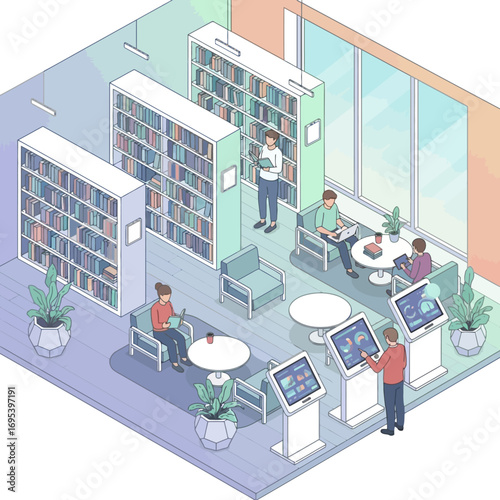 Isometric vector illustration of a modern educational space with people, books, and digital technology for learning and research