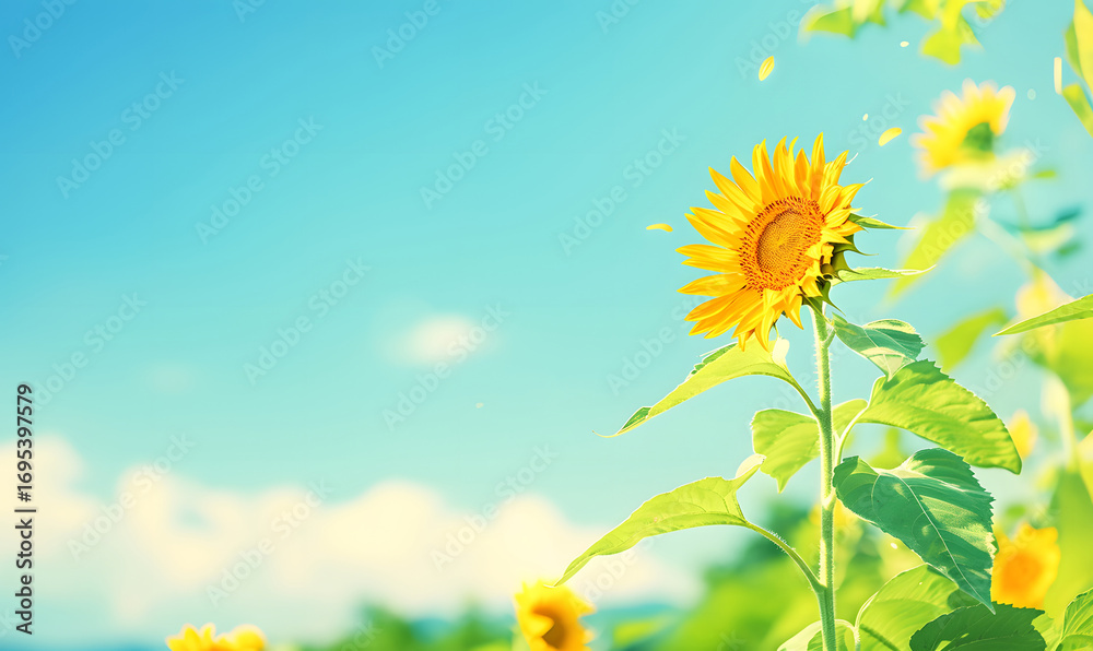 Fototapeta premium Bright and cheerful sunflower blooming under clear blue summer sky vibrant yellow petals and fresh green leaves radiating warmth and positivity in nature. generative aI